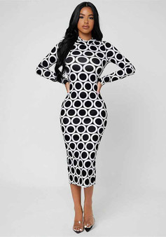 African Women Stretch Print Round Neck Long Sleeve Slit Dress