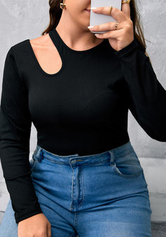 Plus Size Women's Black Ribbed Knitting Shirt Round Neck Long Sleeve Slim Fit Basics Hollow Top