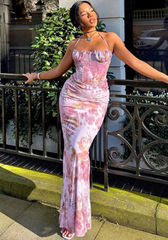 Chic Pink Print Sexy Halter Neck Strap Tight Fitting Long Dress