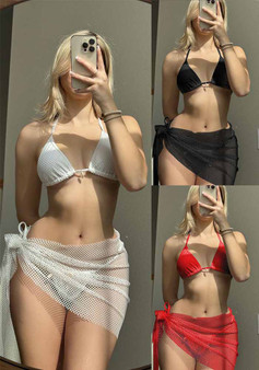 Sexy Solid Color Bikini Beach Mesh Cover Up Three-Piece Swimsuit