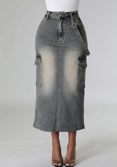 Pocket Stretch Denim Long Skirt