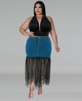 Plus Size Women's Denim Patchwork Mesh Skirt