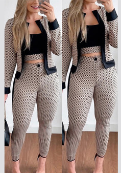 Fashionable Plaid Print Slim Fit Color Block Jacket Tight Fitting Pants Three-Piece Suit