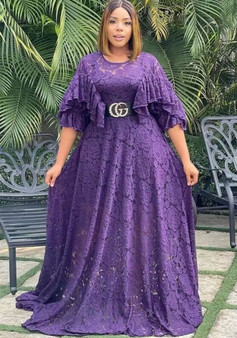 Plus Size Women Summer Solid Lace Round Neck Ruffled Long Dress