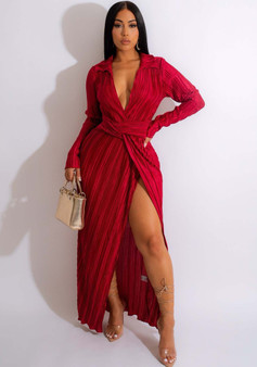 Women sexy slit v-neck long-sleeved pleated dress