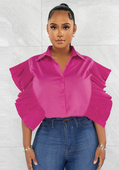 Women Solid Turndown Collar Ruffle Sleeve Shirt