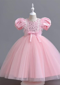 Girls Puff Sleeve Princess Dress Lace Long Dress Mesh Pink Dress Piano Performance Dress