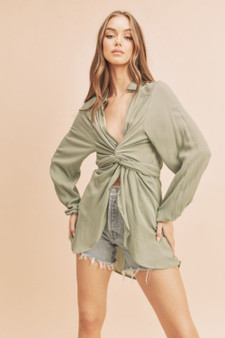 Aemi + Co Tied Collared Neck Long Sleeve Top