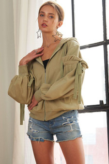 ADORA Ruffled Puff Sleeve Zip Up Hoodie