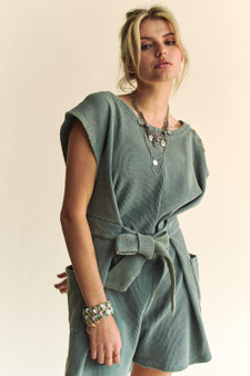 Davi & Dani Acid-Washed Waffle Knit Cuffed Sleeves Romper