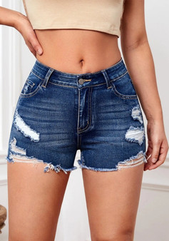 Women'S High Waisted Slim Fur Trim Denim Short Stretch Ripped Denim Pants