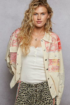 POL Printed Woven Mix Raw Hem Jacket with Lace Detail