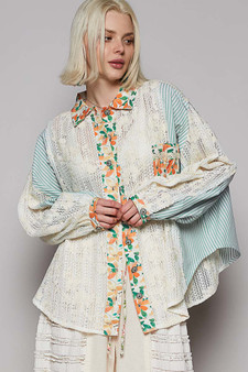 POL Lace Long Sleeve Shirt with Floral and Striped Pattern