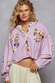 POL Raw Hem Floral Print Cropped Hooded Jacket