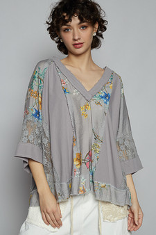 POL Floral V-Neck Raw Edge T-Shirt with Lace Detail