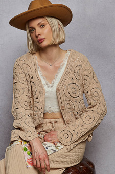 POL Button Down V-Neck Crochet Cardigan