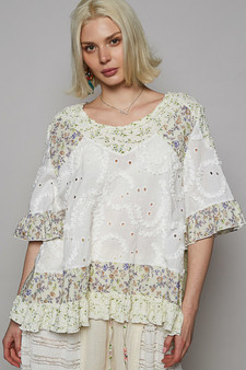 POL Floral Print Eyelet Ruffled Hem Blouse