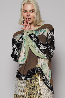 POL Button Detail Floral Patchwork Crochet Sleeve Blouse