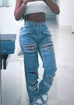 Women Casual Ripped Denim Cargo Pants