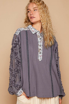 POL Floral Half Button Lace Detail Long Sleeve Top