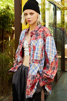 POL Plaid Patchwork Long Sleeve Shirt with Raw Edge Detail