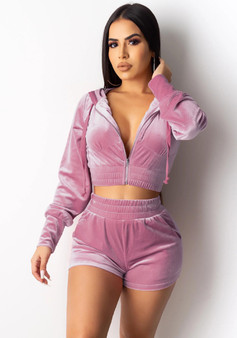 Women's Fashion And Casual Velvet Hooded Long Sleeve Two-Piece Shorts Set For Women