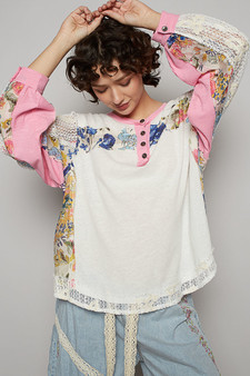 POL Button Detail Floral Patchwork Crochet Sleeve Blouse