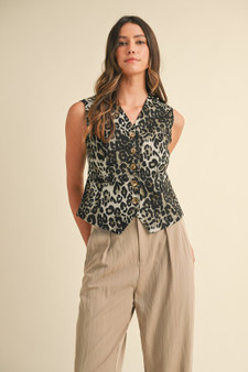 Annie Wear Stretch Leopard Denim Button Down Vest
