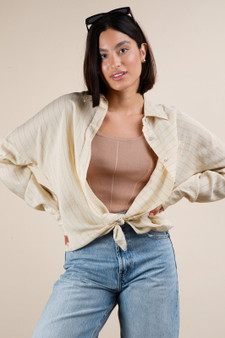 VERY J Full Size Oversized Striped Button Down Shirt Top Plus Size