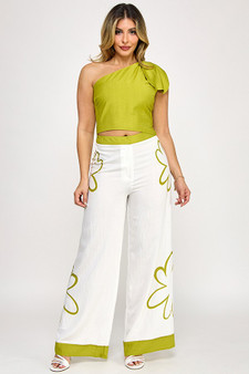 Bow One Shoulder Top With Print Pants Set​​