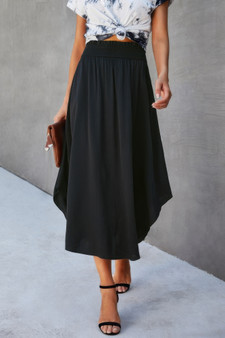 Solid Shirred Waist Asymmetrical Hem Flared Skirt