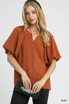 Umgee Textured Flutter Sleeve Notch Neck Top