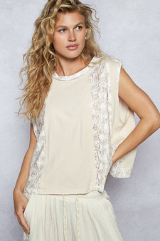 POL Round Neck Sleeveless Top with Floral Contrast