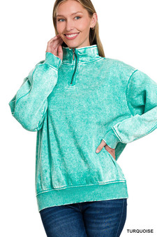 Zenana Acid Wash Fleece Quarter Zip Sweatshirt