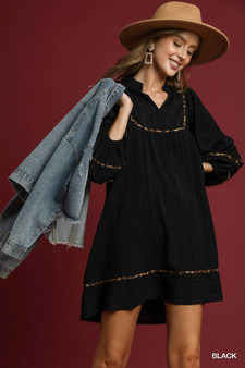 Umgee Full Size Textured Babydoll Dress with Leopard Trim Plus Size
