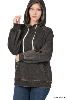 Zenana Acid Wash Fleece Hoodie with Drawstring