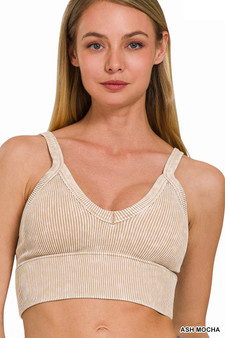 Zenana Washed V Neck Seamless Cropped Bra Top