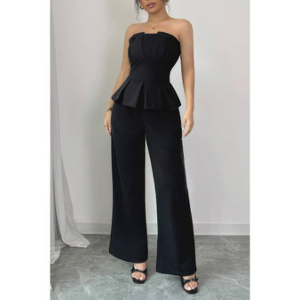 Off Shoulder Back Hide Zipper Pleated Fit Jumpsuit​