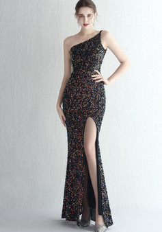 Women Sequined One Shoulder Strap Formal Party Slit Mermaid Evening Dress