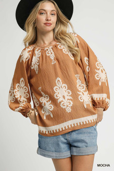 Umgee Full Size Two Tone Border Print Top with Balloon Sleeves Plus Size