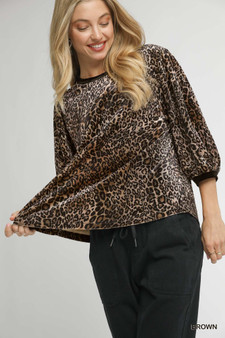 Umgee Leopard Round Neck Three-Quarter Sleeve Blouse
