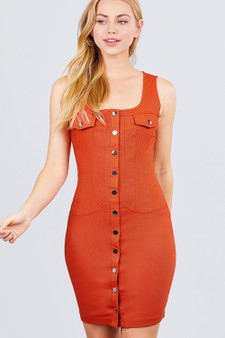Sleeveless Deep Square Neck Button Down Detail Mini Woven Dress.