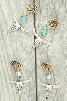Western Floral Steer Skull Earrings
