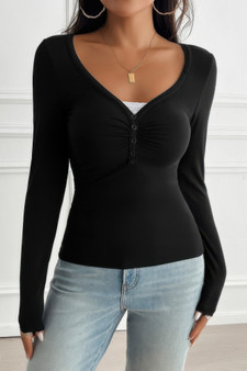 Solid Slim Fit V Neck Long Sleeve T Shirt