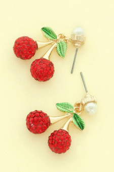 Jeweled Red Cherry Charm Earrings
