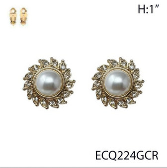 Pearl Rhinestone Flower Clip-On Earrings