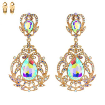 Crystal Teardrop Shaped Filigree Clip On Earrings
