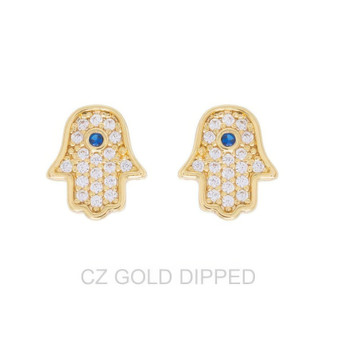 Gold Dipped Cz Hamsa Hand Stud Earrings