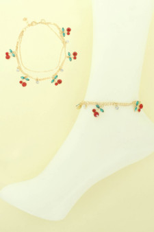 Jeweled Red Cherry Charm Anklet