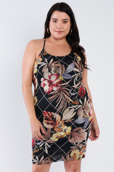 Plus Size Criss-Cross Open Back Mini Floral Print Dress